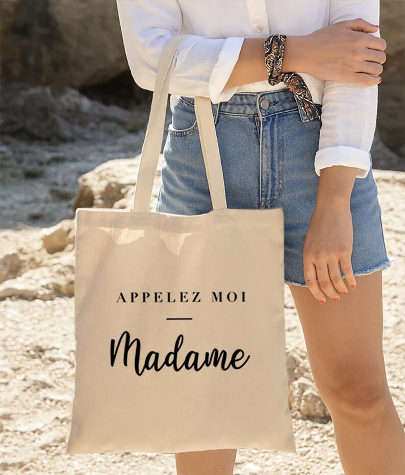 Tote bag mariage en coton beige avec texte Appelez-moi Madame – cadeau EVJF pour future mariée