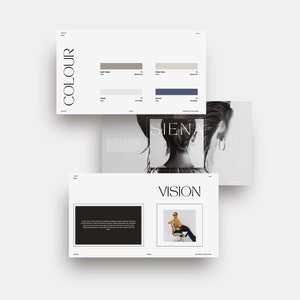May include: A collection of white presentation slides with the words "COLOUR" and "VISION" in black. The slides feature color swatches, a black and white photo of a person, and a photo of a person wearing sunglasses.