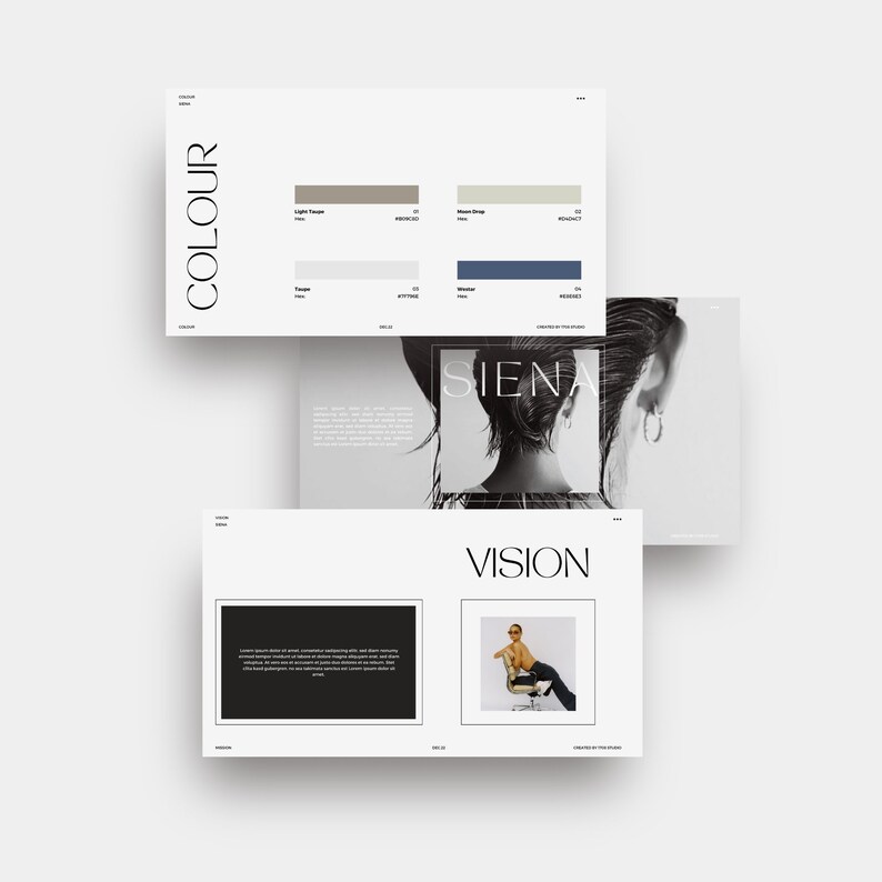 May include: A collection of white presentation slides with the words "COLOUR" and "VISION" in black. The slides feature color swatches, a black and white photo of a person, and a photo of a person wearing sunglasses.