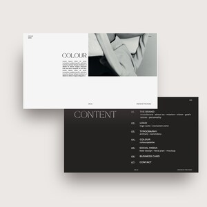 May include: A grayscale presentation design with two stacked cards. The top card features the word "COLOUR" and text. The bottom card lists "CONTENT" and sections including "THE BRAND", "LOGO", "TYPOGRAPHY", and "SOCIAL MEDIA".
