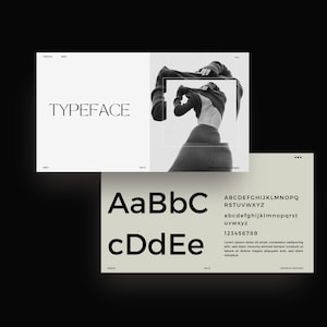May include: A black and white graphic design layout featuring the word "TYPEFACE" in a minimalist font. The layout includes a photograph of a person and examples of the typeface's alphabet and numbers. The design is clean and modern.