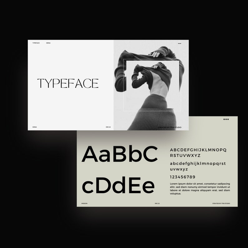 May include: A black and white graphic design layout featuring the word "TYPEFACE" in a minimalist font. The layout includes a photograph of a person and examples of the typeface's alphabet and numbers. The design is clean and modern.