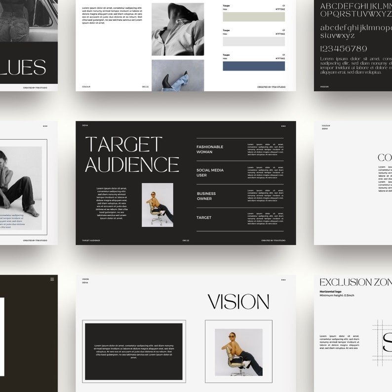 May include: A layout with a black and white theme, featuring text and images. The text includes "TARGET AUDIENCE", "VISION", and a list of categories. Images include a person in a chair and fashion shots. The color palette includes shades of gray and blue.