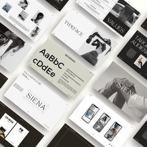 May include: A collection of design mockups with text and images. The word "TYPEFACE" is displayed in a minimalist font. Other text includes "VALUES", "TARGET AUDIENCE", "SECONDARY", "EXCLUSION ZONE", and "SIENA". The color palette is primarily black, white, and gray.