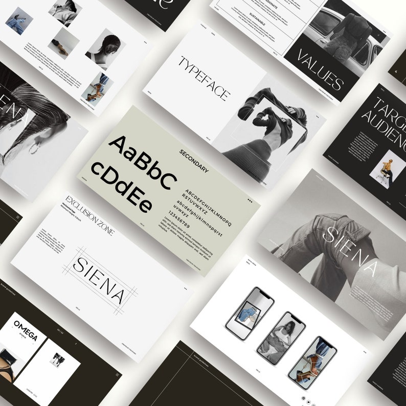 May include: A collection of design mockups with text and images. The word "TYPEFACE" is displayed in a minimalist font. Other text includes "VALUES", "TARGET AUDIENCE", "SECONDARY", "EXCLUSION ZONE", and "SIENA". The color palette is primarily black, white, and gray.