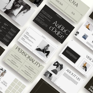 May include: A collection of design presentation slides in a minimalist style. The slides feature a black and white color scheme with text and images. The text includes headings like "SIENA", "PRIMARY", "GOALS", "PERSONALITY", and "ABOUT US".