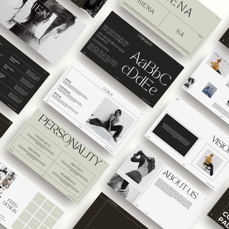 May include: A collection of design presentation slides in a minimalist style. The slides feature a black and white color scheme with text and images. The text includes headings like "SIENA", "PRIMARY", "GOALS", "PERSONALITY", and "ABOUT US".