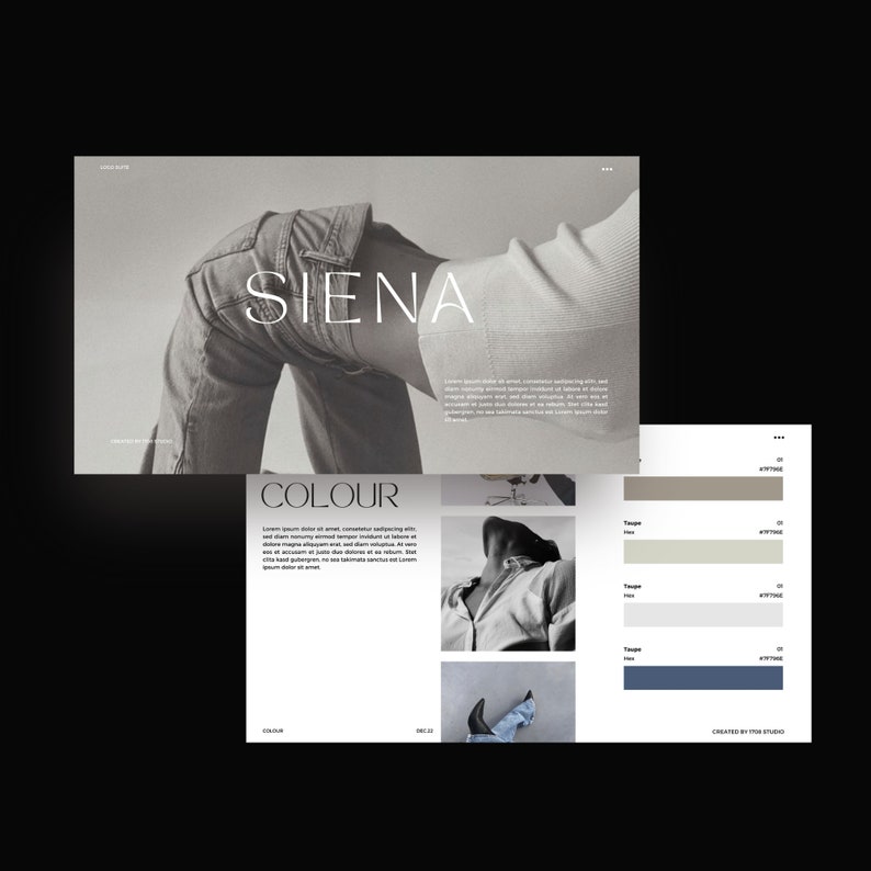 May include: A grayscale image featuring the word "SIENA" in a serif font, with a person wearing jeans and a light-colored top. Below, a layout with the word "COLOUR" and color swatches, including shades of taupe and blue.