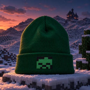 May include: A solid dark green knit beanie featuring a square patch on the front cuff. The patch displays a pixelated, light green and black face design with a blocky, square-shaped expression centered on the front of the folded brim.