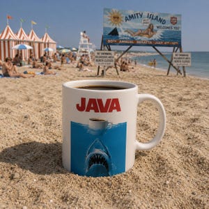 May include: A white ceramic mug filled with coffee, featuring the word "JAVA" in red. The mug has a graphic of a coffee cup above a shark in blue water. The mug is on a sandy beach with a sign that says "Amity Island".