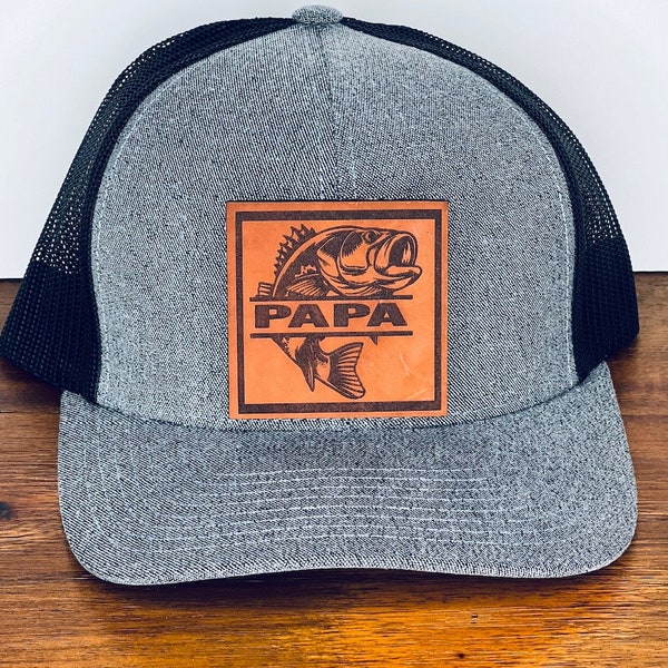PAPA, DAD, POPS....Personalized Bass Fish. Engraved Leather Hat Patch, Papa, Dad..Custom Bass Fish Patch. Richardson Snapback Hat, Cap