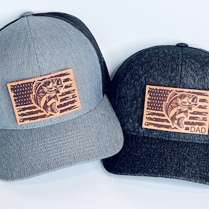 Engraved Leather Bass Fish Patch Hat - Richardson Snapback