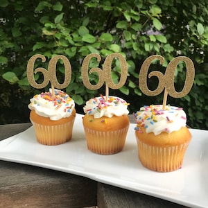 60th Birthday Anniversary Party Glitter Cupcake Toppers  Individual CHOICE OF COLORS