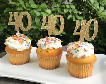 40th Birthday Anniversary Party Glitter Cupcake Toppers  Individual  CHOICE OF COLORS