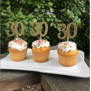 30th Birthday Anniversary Party Glitter Cupcake Toppers  Individual  CHOICE OF COLORS