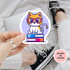 Cat and Book Car Magnet/Sticker, Bookish Decal, Book Lover Gift, Cat Lover Gift, Reading Cat Gift For Bookworm, Water Resistant Decal