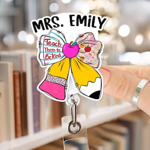Custom Coquette Bow Teacher Back To School Badge Reel, Personalized Pencil ID Holder, Cute Retractable Name Tag Clip, Gift for Educators