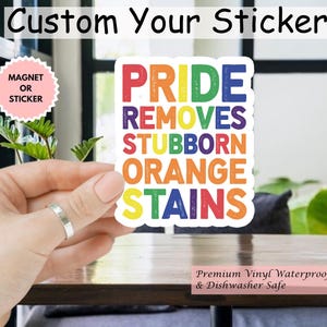 Pride Removes Stubborn Orange Stains Sticker/Car Magnet, Pride Month LGBTQ Sticker, Funny Anti Trump LGBTQ Sticker, Pride Sticker, FDT