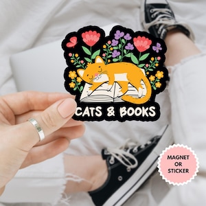 Cat and Book Car Magnet/Sticker, Bookish Decal, Book Lover Gift, Cat Lover Gift, Reading Cat Gift For Bookworm, Water Resistant Decal