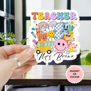 Retro Smile Face Teacher Custom Sticker/Car Magnet, Personalized Sticker, Kids Custom Name Sticker, Colorful Personalized Laptop Sticker