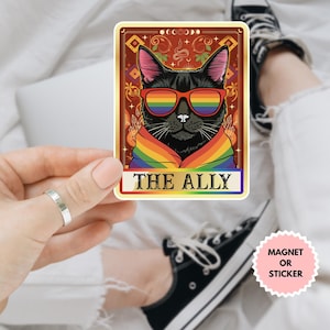 Aimant/autocollant de voiture de carte de tarot LGBTQ de chat noir allié, autocollant gay d'arc-en-ciel de LGBT, autocollant de fierté d'arc-en-ciel, autocollant de chat d'allié LGBT, mois de fierté