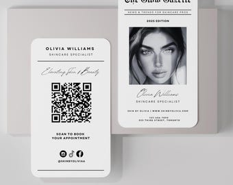 Newspaper Skincare Business Card Template, QR Code (Digital Download)