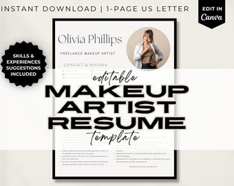 Editable Resume Template, Professional Resume for Makeup Artist, Makeup Template, Minimalist Resume, Makeup Artist Contract, Canva Template