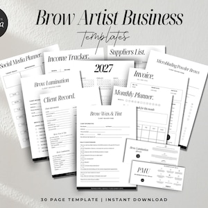 May include: A collection of white business templates for brow artists, featuring black text and headers including Brow Artist Business Templates, Social Media Planner, Income Tracker, Client Record, Brow Lamination, and Brow Wax & Tint forms.