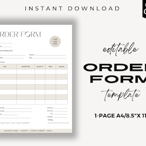 Editable Order Form Template, Purchase Order Form, Canva Template, Invoice Template, Printable Order Form, Small Business Templates
