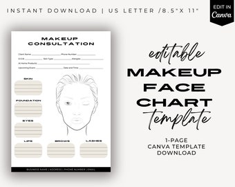 Modelo editável de ficha de maquiagem facial, formulários para salão de beleza (Canva)