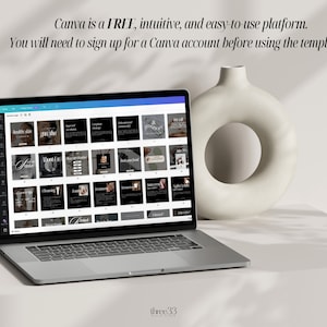 May include: A laptop computer displaying a Canva screen with a grid of social media templates. The templates are black and white with text and images. The laptop is on a white surface with a white vase.