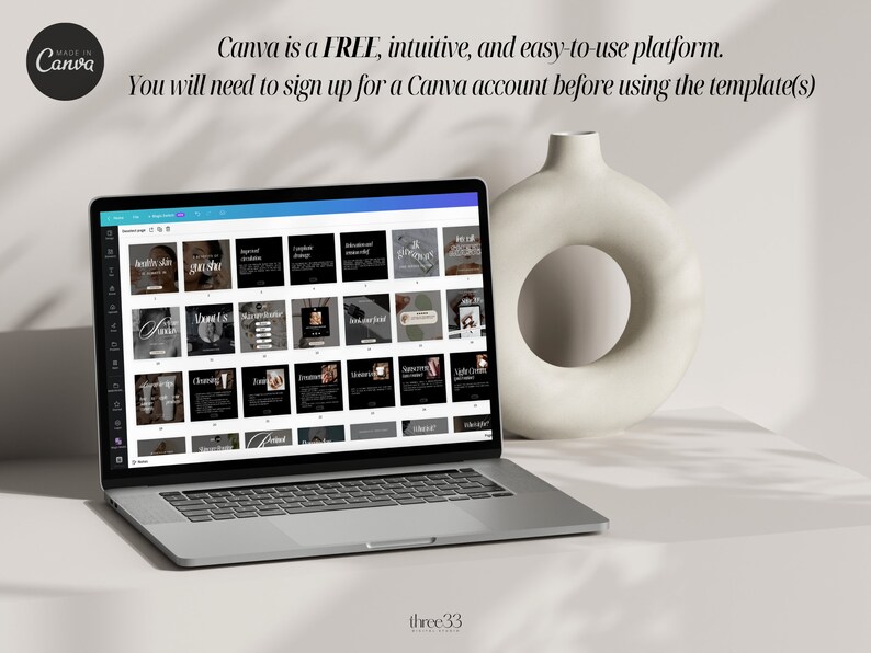 May include: A laptop computer displaying a Canva screen with a grid of social media templates. The templates are black and white with text and images. The laptop is on a white surface with a white vase.