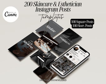 200 Skincare Instagram Post Templates, Esthetician Social Media (Canva)