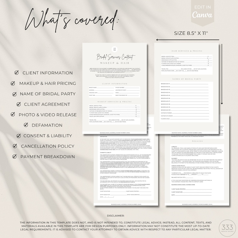 Bridal Services Contract MUA Client Forms Wedding Contract - Etsy
