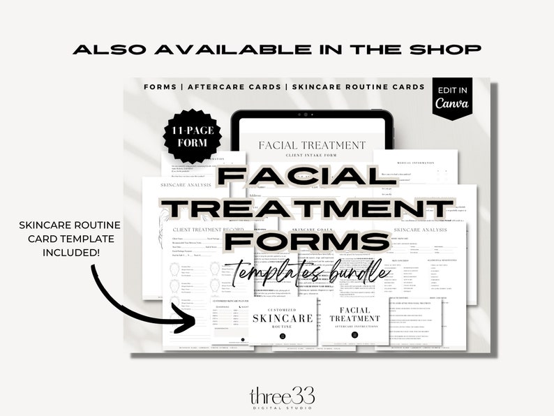 May include: A digital download of printable facial treatment forms for estheticians. The forms include a client intake form, treatment records, skincare analysis, and a skincare routine card template. The text "FACIAL TREATMENT FORMS Templates Bundle" is visible in the image.