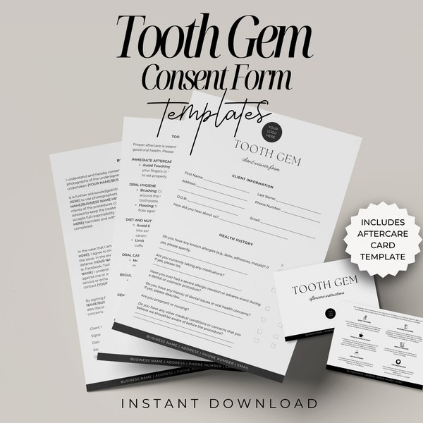 Tooth Gem Consent Form, Esthetician Consent Forms, Teeth Gem Forms, Tooth Gem Aftercare Card Template, Canva Templates, Teeth Jewelry