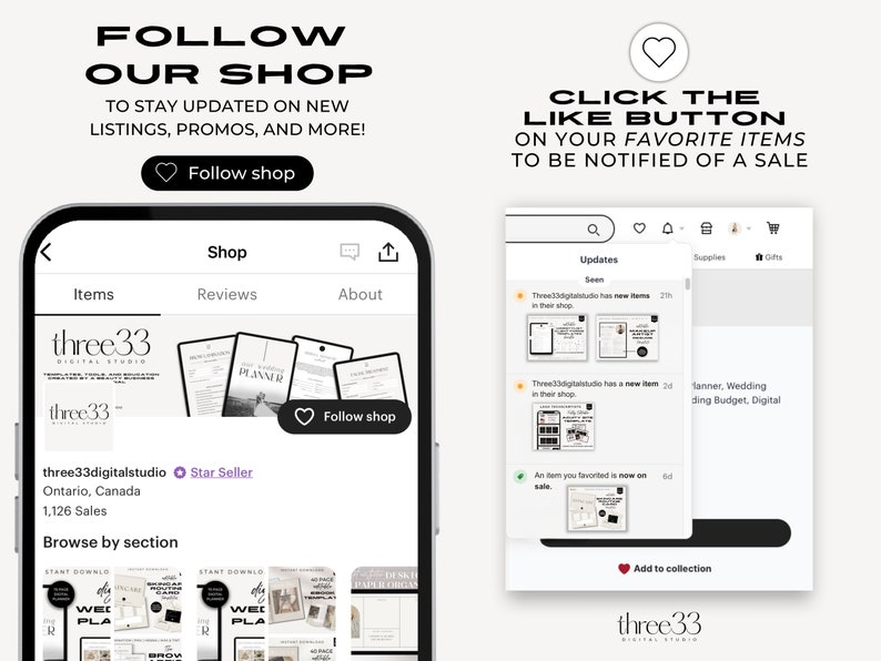 May include: Screenshot of an Etsy shop page for three33digitalstudio. The shop features digital planners, worksheets, and other printable items. The shop has over 1,126 sales and is a Star Seller. The image shows a variety of products, including a wedding planner, a weekly planner, and a budget planner. The shop also has a "Follow Shop" button.