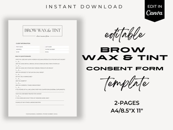 Brow Wax and Tint Client Consent Form, Editable Template (Canva)
