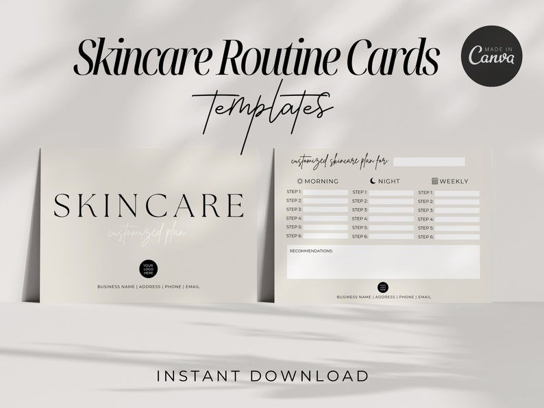 May include: Two printable skincare routine cards with a beige background. The cards are designed to help you create a customized skincare plan for morning, night, and weekly routines. The cards include space for listing steps and recommendations.