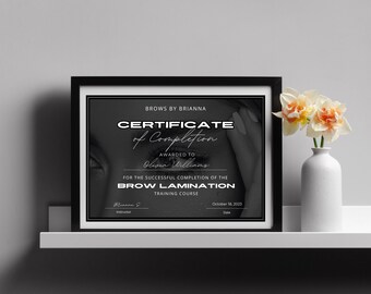 Edytowalny szablon certyfikatu ukończenia kursu, szablon Canva, drukowalny certyfikat ukończenia kursu, kurs laminowania brwi, edytowalny w Canva