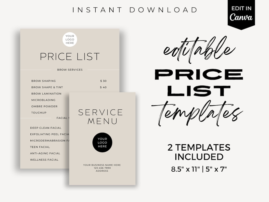 Editable Price List Template, Service Menu, Canva Template, Printable ...