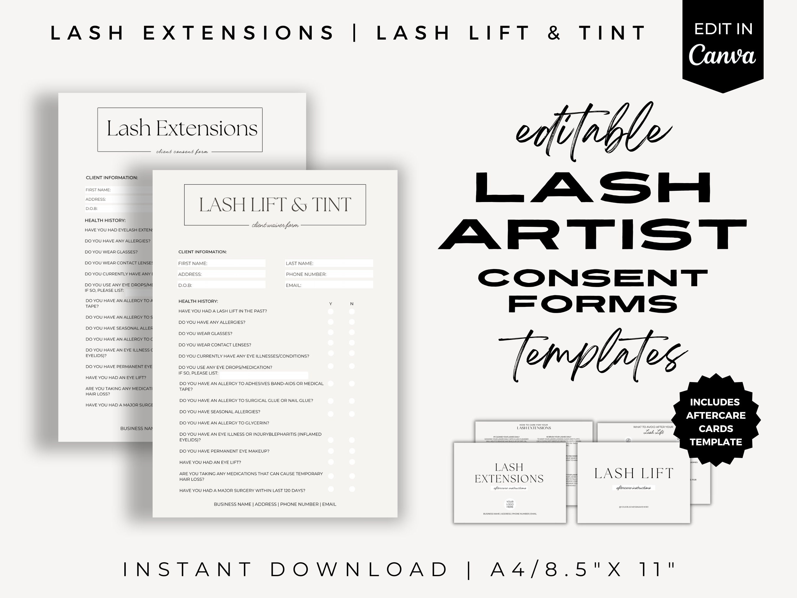 Lash Lift and Tint Consent Form, Eyelash Extensions Form, Client Lash Lift and Tint Consent Form, Eyelash Extensions Form, Client