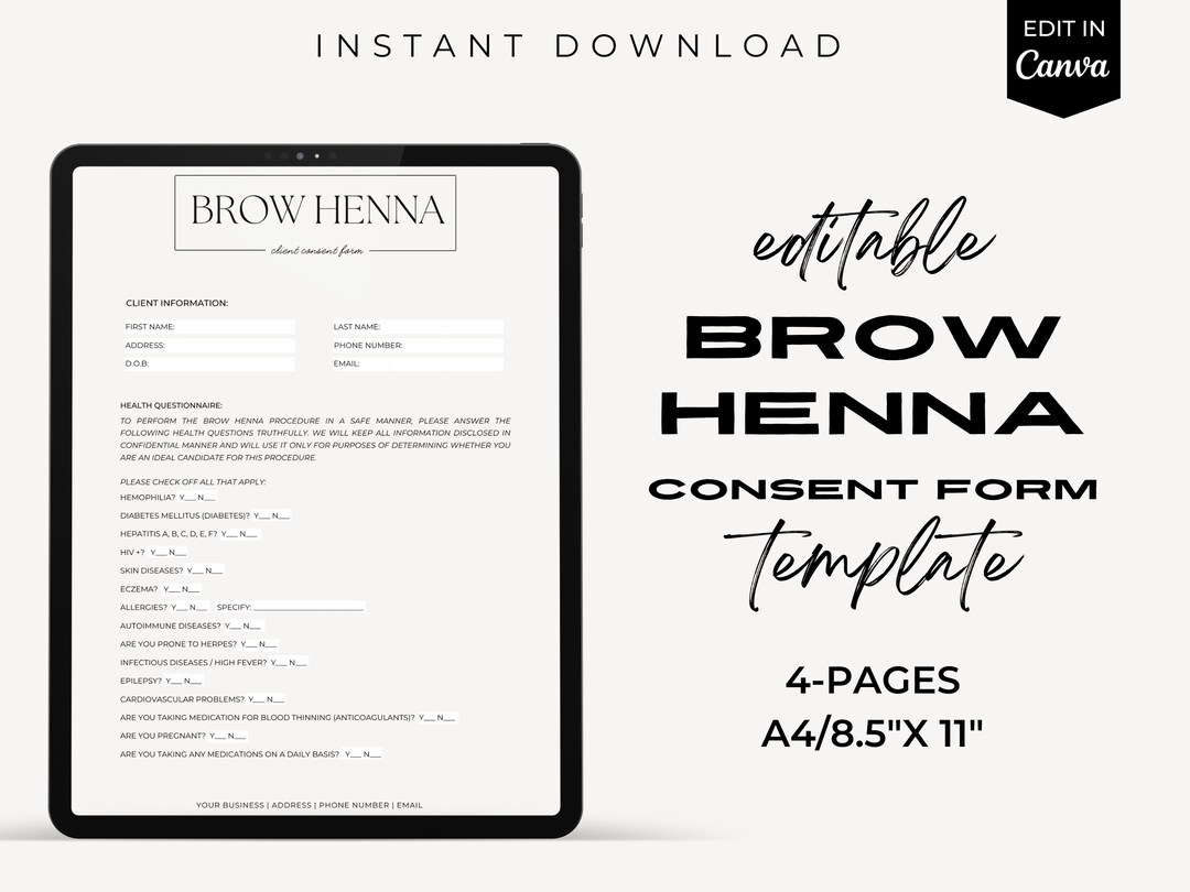 Brow Henna Consent Form, Eyebrow Tinting, Editable in Canva, Custom