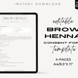 Könnte beinhalten: Editierbare Brow Henna Einverständniserklärungsvorlage im digitalen Format. Die Vorlage ist für die Verwendung mit der Canva-App konzipiert. Die Vorlage umfasst 4 Seiten und ist in den Formaten A4 oder 8,5 x 11 Zoll verfügbar.