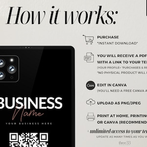 May include: A graphic showing how to use a Canva template for a business name card. The template includes a QR code, a business name, and a place to add your business name. The graphic includes instructions for purchasing, editing, and printing the template.