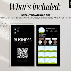 May include: Two black and white business card templates. The first card features a black background with a white QR code, the text "BUSINESS Name", and a stylized camera icon. The second card features a black background with a stylized green hill and a blue sky, the text "YOUR TITLE HERE", and a social media profile with the text "@yourbusinesshere". Both cards are 2 inches by 3.5 inches.