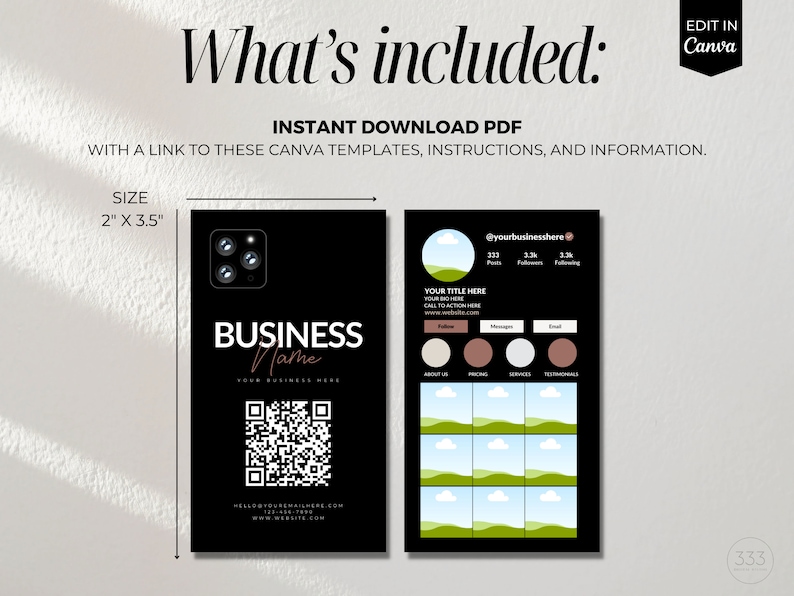 May include: Two black and white business card templates. The first card features a black background with a white QR code, the text "BUSINESS Name", and a stylized camera icon. The second card features a black background with a stylized green hill and a blue sky, the text "YOUR TITLE HERE", and a social media profile with the text "@yourbusinesshere". Both cards are 2 inches by 3.5 inches.