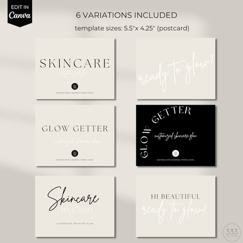 May include: Six variations of a skincare business card template. The cards are 5.5 inches by 4.25 inches and feature a white background with black text. The text includes the words "Skincare", "Glow Getter", "Ready to Glow", and "Hi Beautiful".