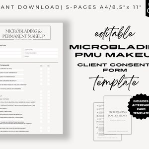 Formulaire de maquillage permanent modifiable, Formulaire de consentement PMU, Microblading, Sourcils en poudre, Cartes de suivi, Modèle Canva modifiable, Formulaires d'esthéticienne
