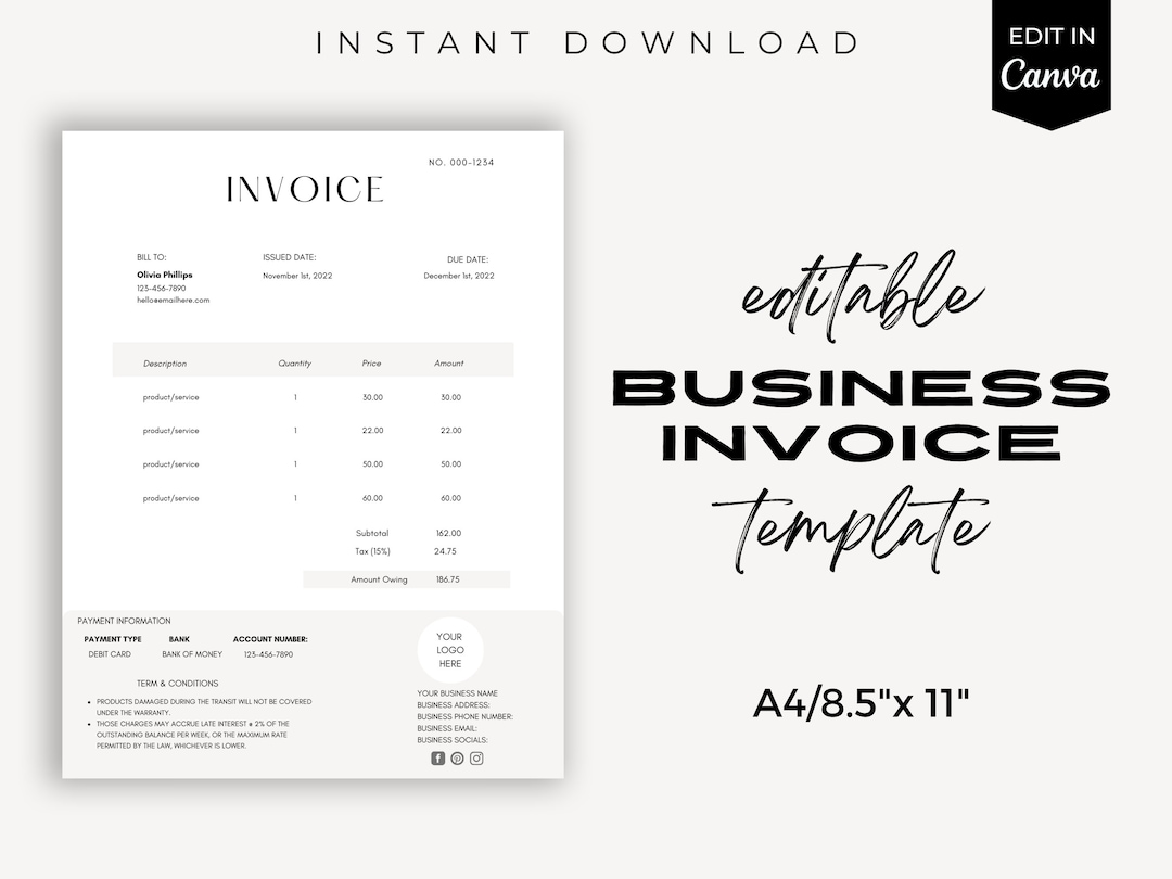 Editable Business Invoice Template, Editable Form, Small Business Canva